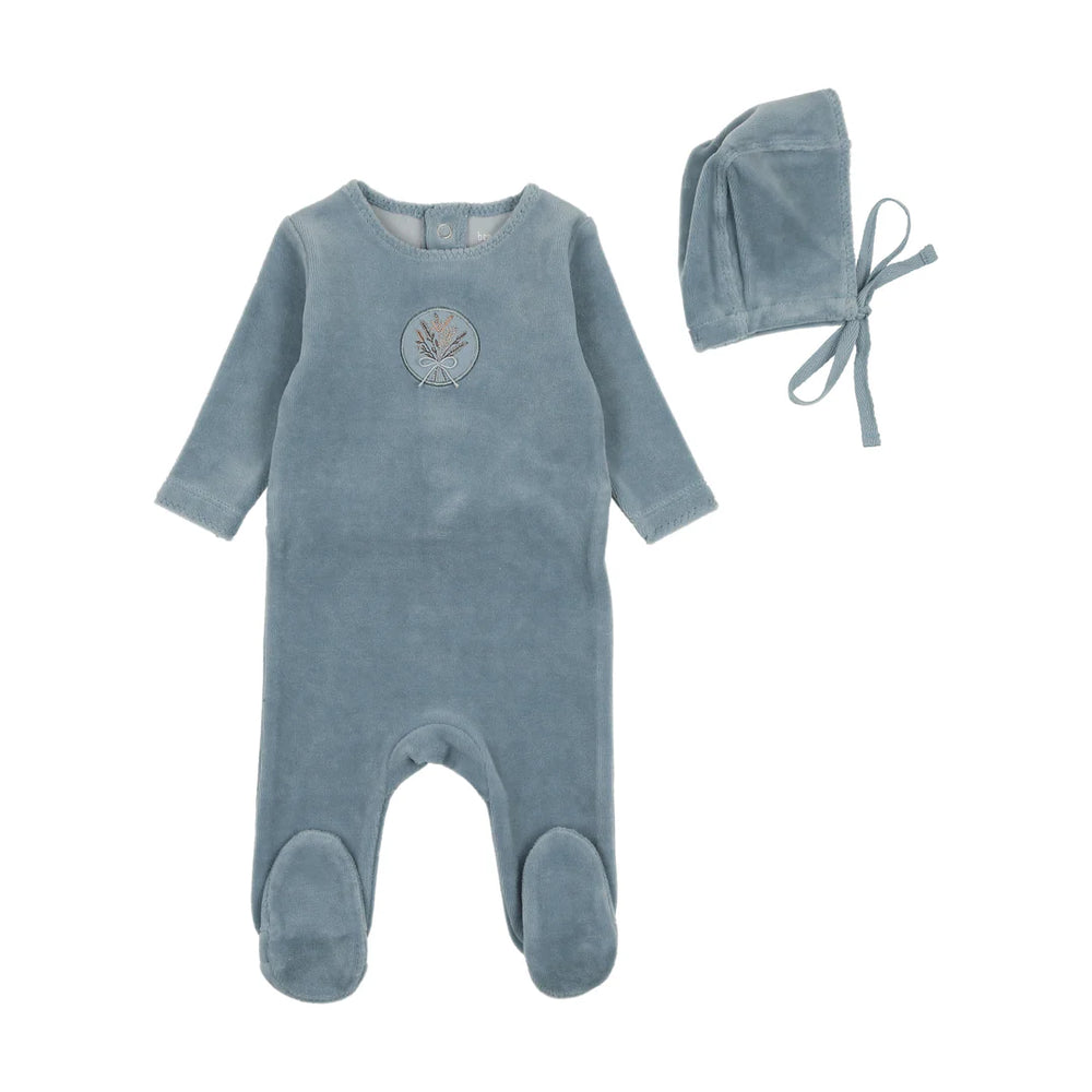 Bee and Dee Blue Fog Embroidered Center Embossed- Footie & Bonnet