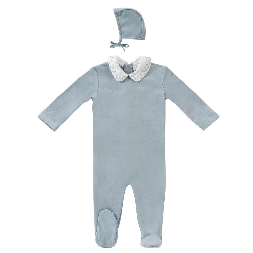 Kipp Blue Scalloped Embroidered Footie, Bonnet & Blanket