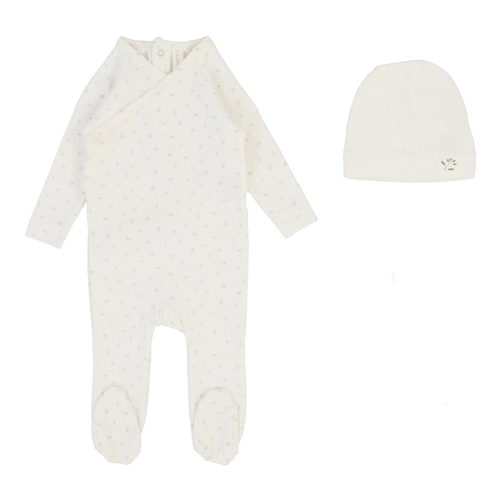 Lilette Cream Printed Wrapover Footie & Bonnet