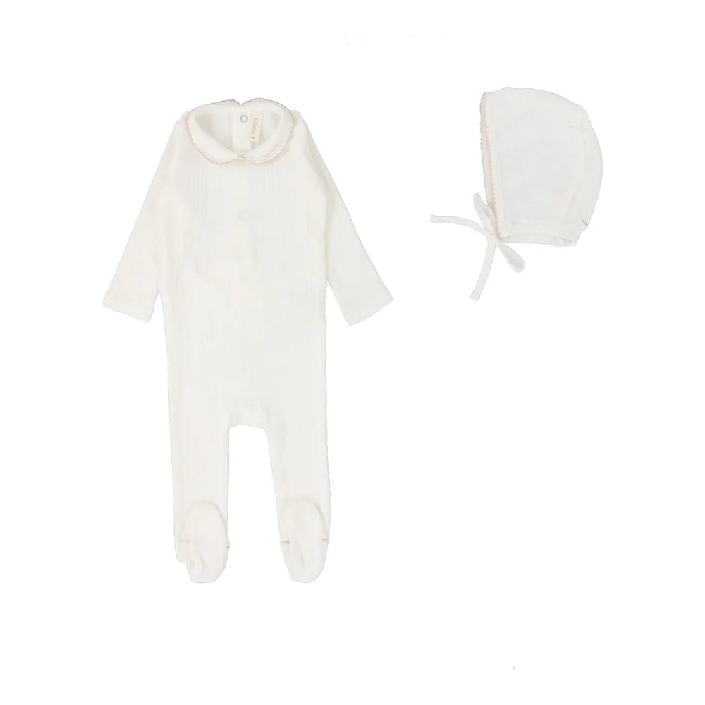 Lilette Edged Collar Footie & Bonnet- Winter White/Blush