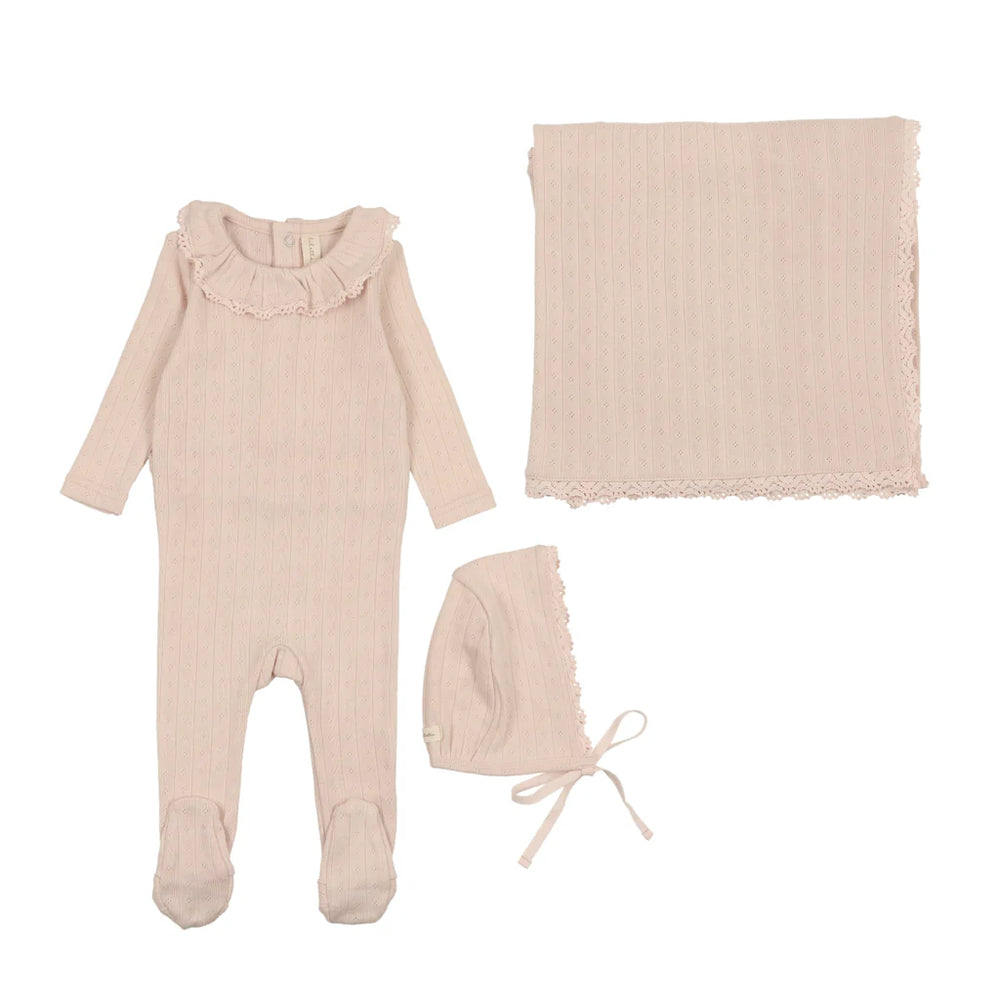 Lilette Fine Pointelle Ruffle Collar Layette Set-Petal