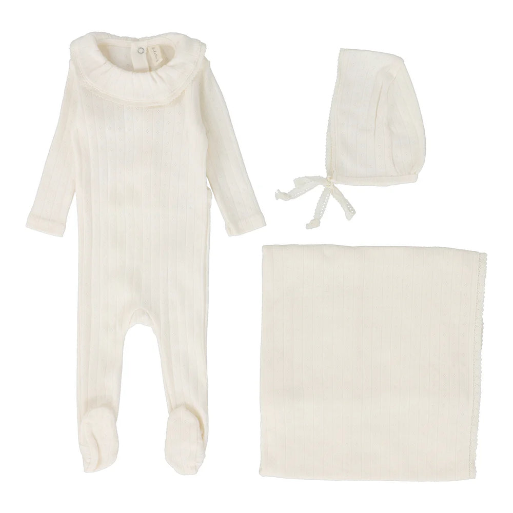 Lilette Fine Pointelle Ruffle Collar Layette Set-Milk