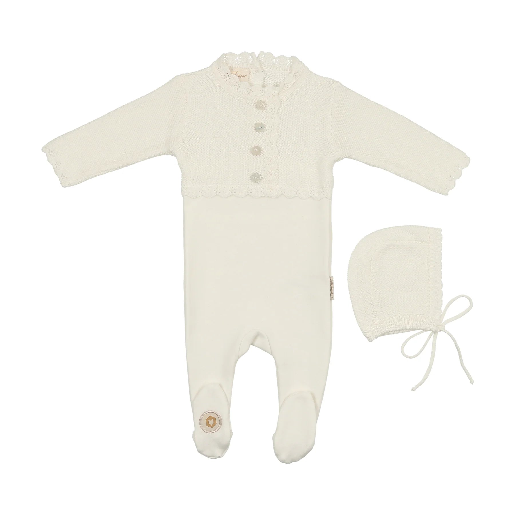 Mon Tresor Ivory Mock Cardigan Footie & Bonnet