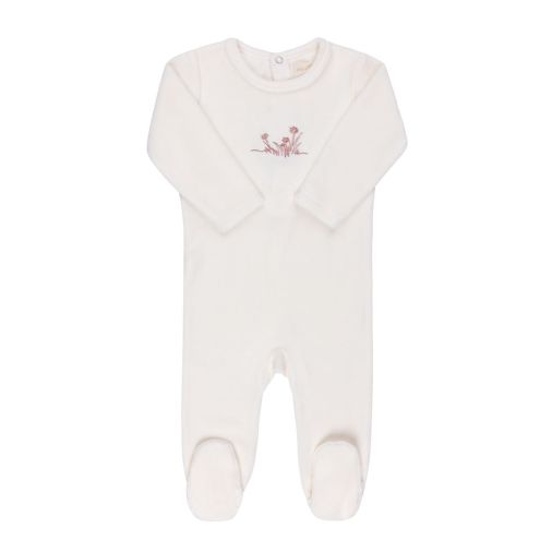 Ely's & Co Ivory Velour Embroidered Flower Footie