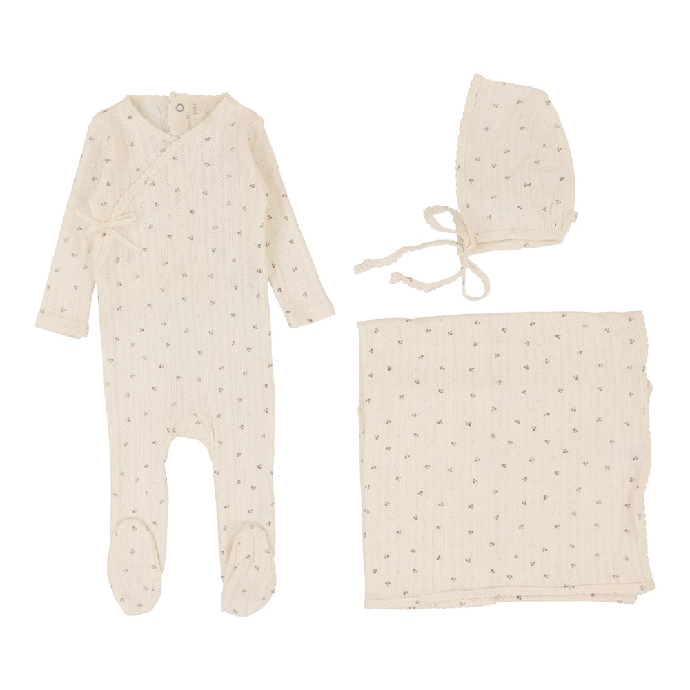 Pre-Order Lilette Taupe Printed Pointelle Wrap Layette Set