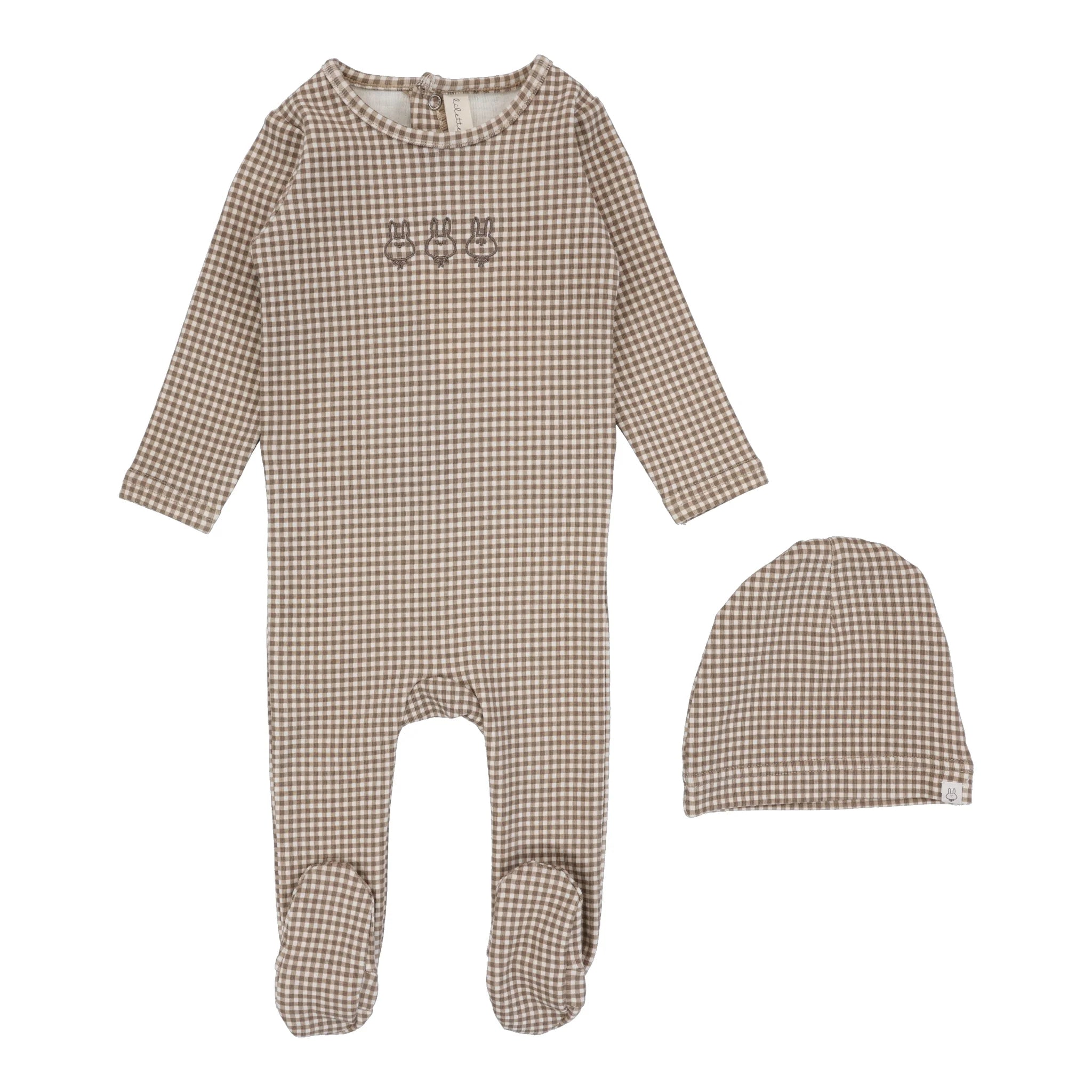 Lilette Gingham Bunny Footie & Beanie-Oatmeal