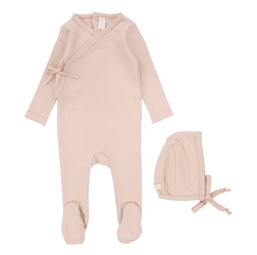 Lilette Pale Pink Wrapover Footie & Bonnet