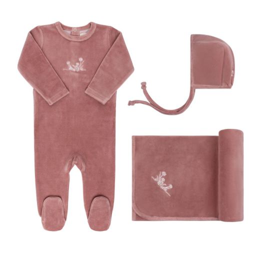 Elys & Co Pink Velour Embroidered Flowers Full Set