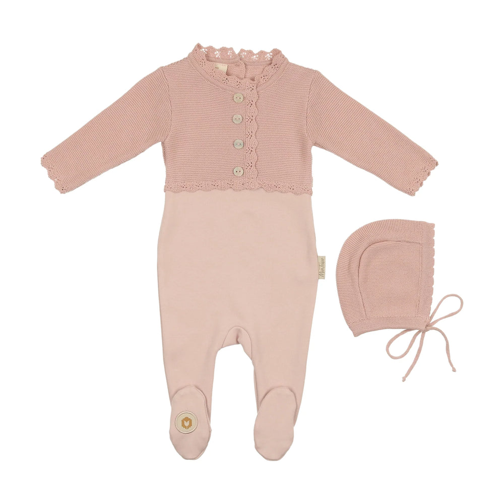 Mon Tresor Rose Mock Cardigan Footie & Bonnet