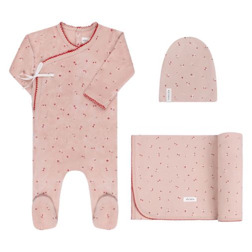 Elys & Co Pink Velour Flower Cluster Footie, Bonnet & Blanket