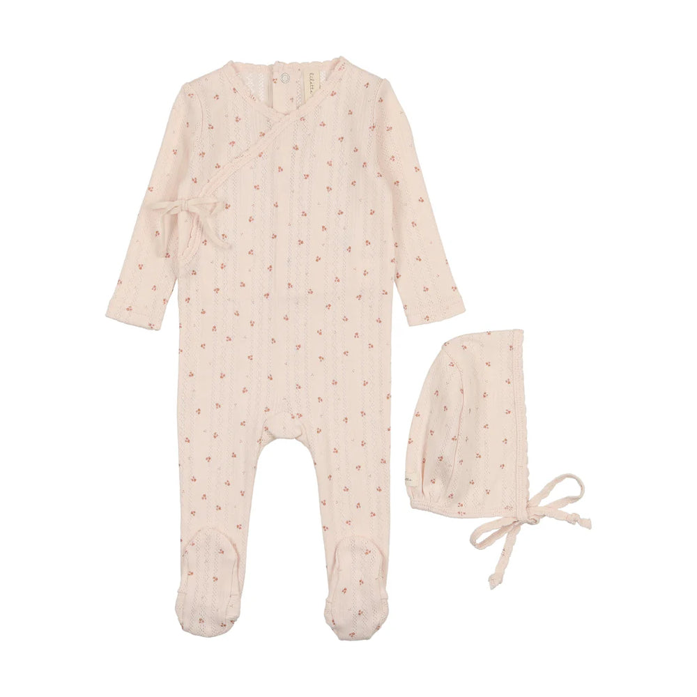 Lilette Pink Printed Pointelle Wrap Footie & Bonnet