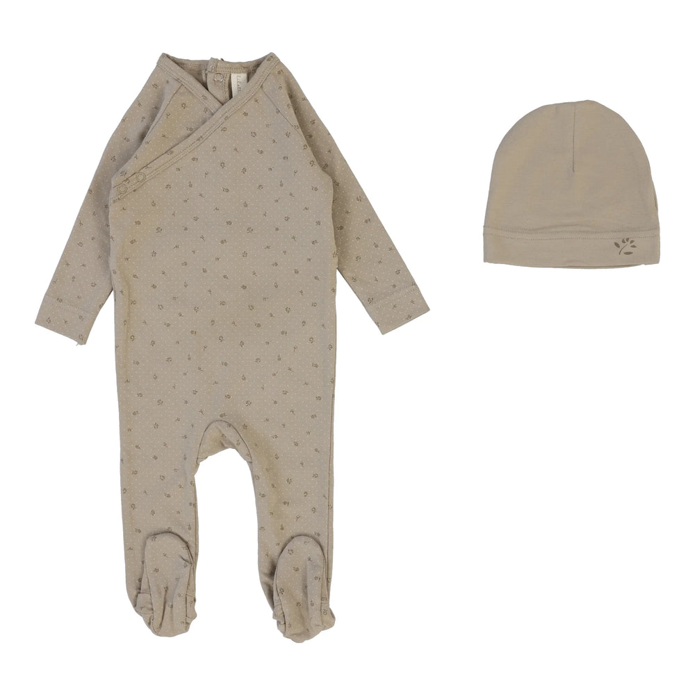 Pre-Order Lilette Taupe Printed Wrapover Footie & Bonnet