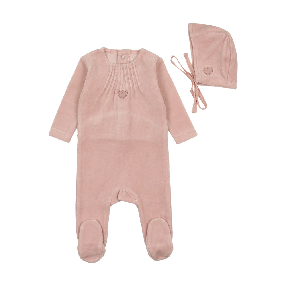 Bee and Dee Rose Velour Pleated Footie & Bonnet